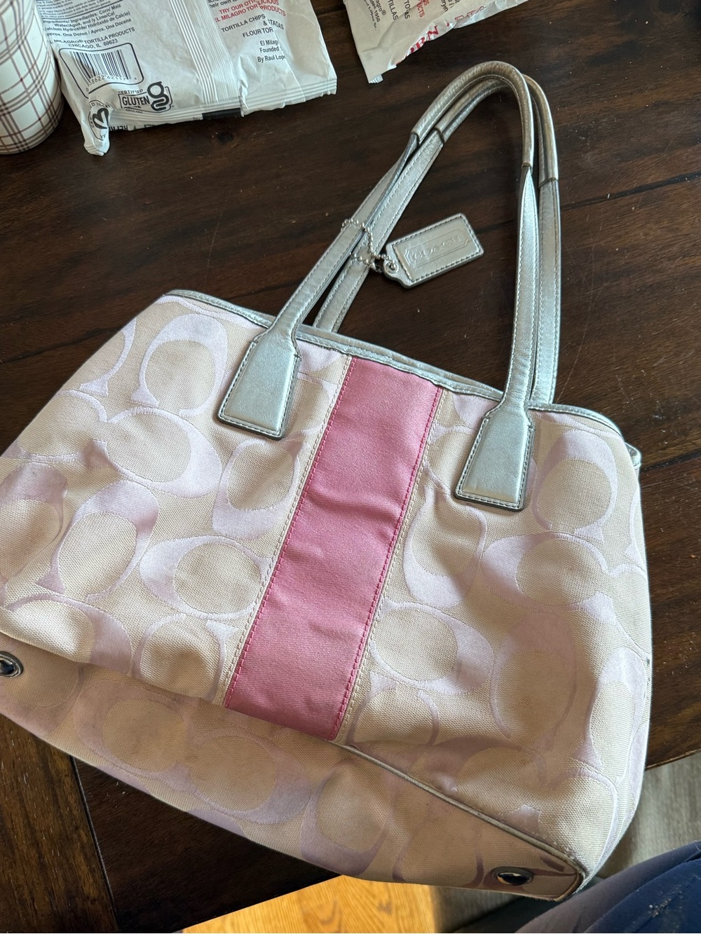 Coach Cream Canvas Tote with Pink Center Stripe and Silver Handles
